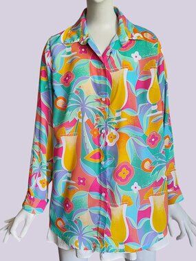 Kenny Flowers X Malibu Colada Collection Signed Island Cocktail Print Blouse M